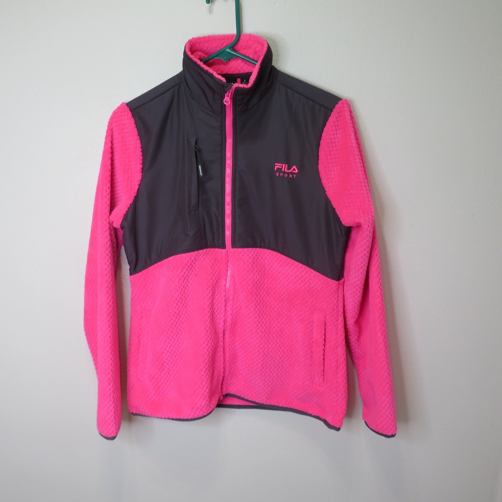 Fila Sport Womens Fleece Jacket Small Neon Pink Gray Full Zip Activewear Soft